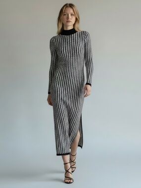 OLLARI Black White Houndstooth Long Sleeve Knit Dress Side Slits Party Work XS
